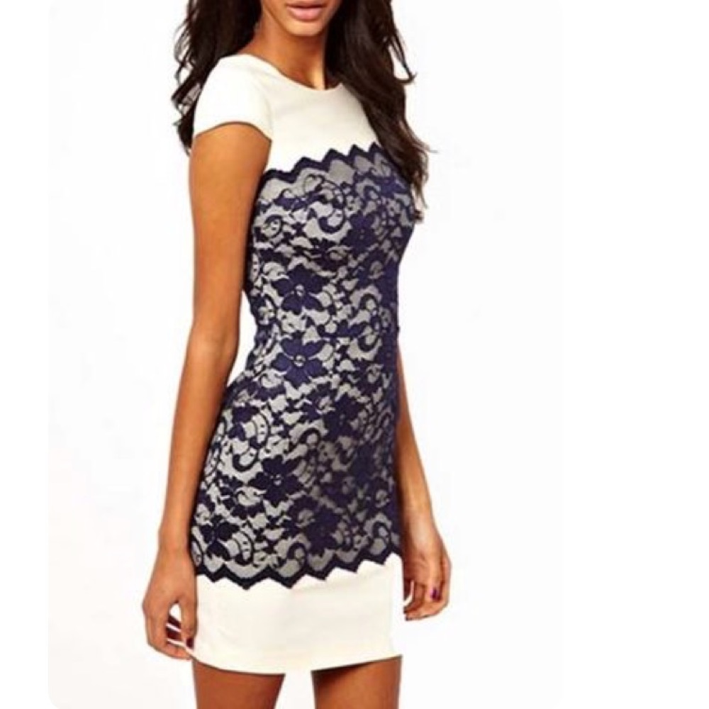 Skinny white and navy mini dress with cap sleeve